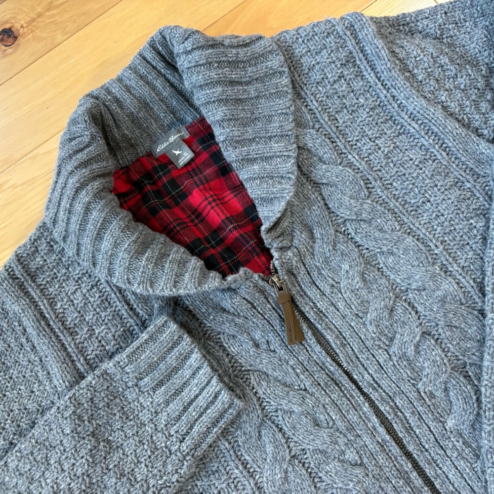 Eddie Bauer Cable Fable Wool Blend Sweater Womens Sz XL Gray Zip Cardigan
